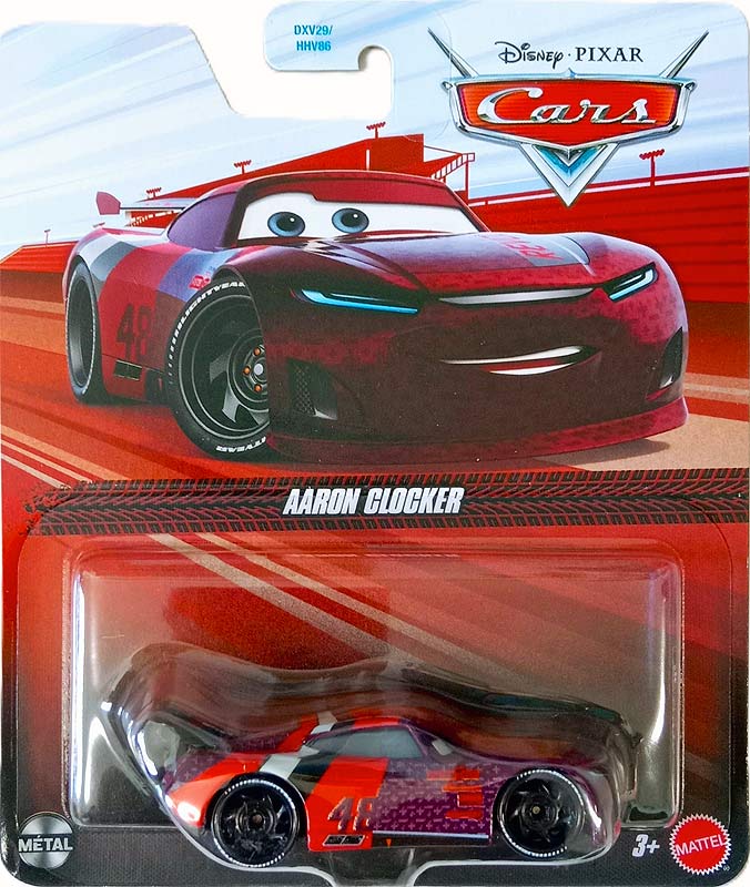 Aaron Clocker from the Cars 3 series, Mattel 1:55 diecast on its card
