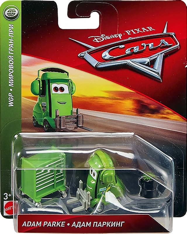 Adam Parke from the Cars 2018-2019 series, Mattel 1:55 diecast on its card