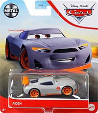 Aiden from the Cars 2018-2019 series, Mattel 1:55 diecast on its card