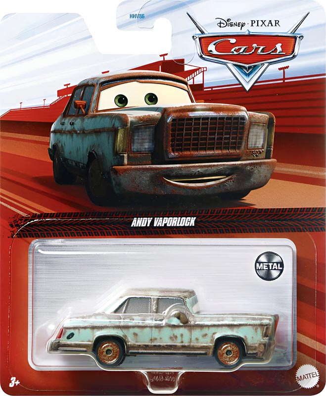 Andy Vaporlock from the Cars 2016 series, Mattel 1:55 diecast on its card