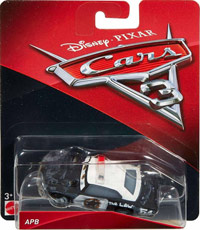 APB from the Cars 3 series, Mattel 1:55 diecast on its card
