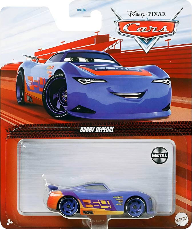 Barry DePedal from the Cars 3 series, Mattel 1:55 diecast on its card