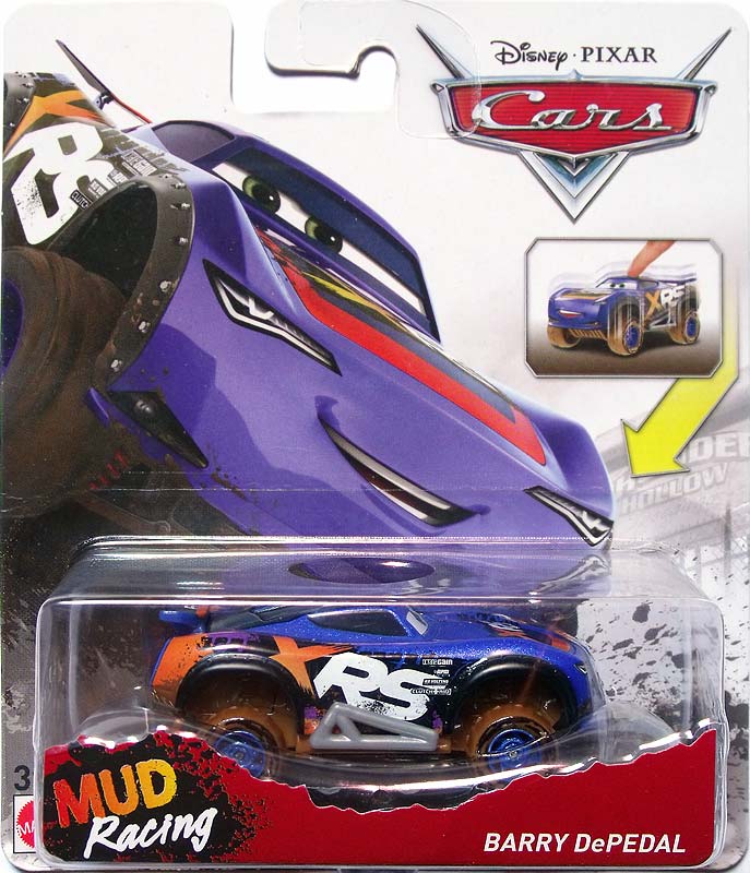 Barry DePedal (Mud Racing) from the Cars 2018-2019 series, Mattel 1:55 diecast on its card