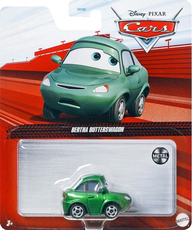 Bertha Butterswagon from the Cars 2022 series, Mattel 1:55 diecast on its card