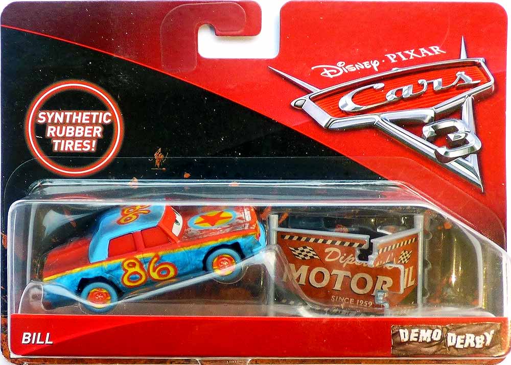 Bill (rubber tires) from the Cars 3 series, Mattel 1:55 diecast on its card