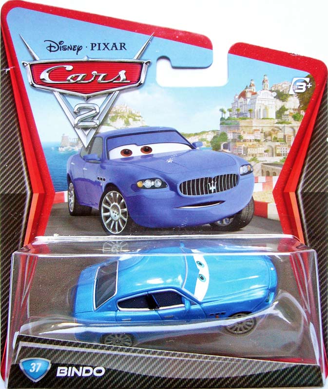Bindo from the Cars 2 series, Mattel 1:55 diecast on its card
