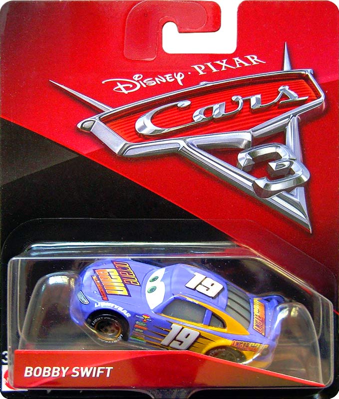 Bobby Swift from the Cars 3 series, Mattel 1:55 diecast on its card