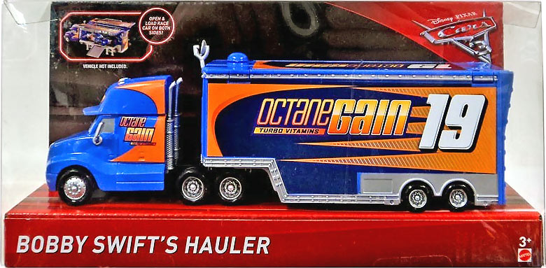Bobby Swift's Hauler from the Cars 3 series, Mattel 1:55 diecast on its card