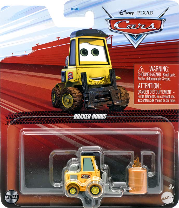 Braker Boggs from the Cars 2023 series, Mattel 1:55 diecast on its card
