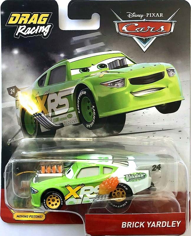 Brick Yardley (Drag Racing) from the Cars 2018-2019 series, Mattel 1:55 diecast on its card