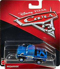 Broadside from the Cars 3 series, Mattel 1:55 diecast on its card