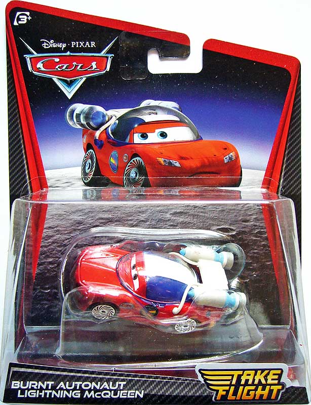 Burnt Autonaut McQueen from the Take Flight series, Mattel 1:55 diecast on its card