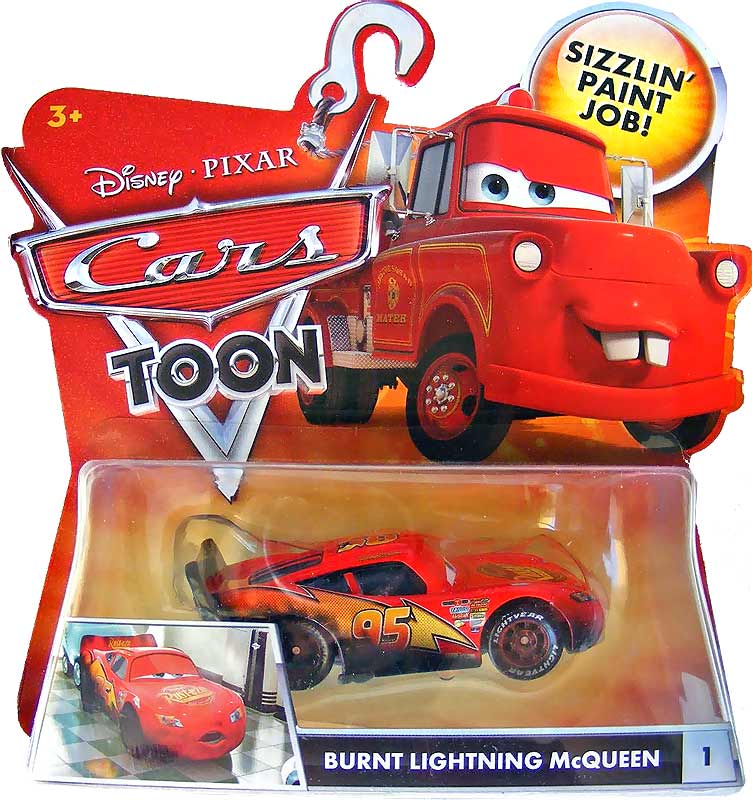 Burnt Lightning McQueen from the Cars Toon series, Mattel 1:55 diecast on its card