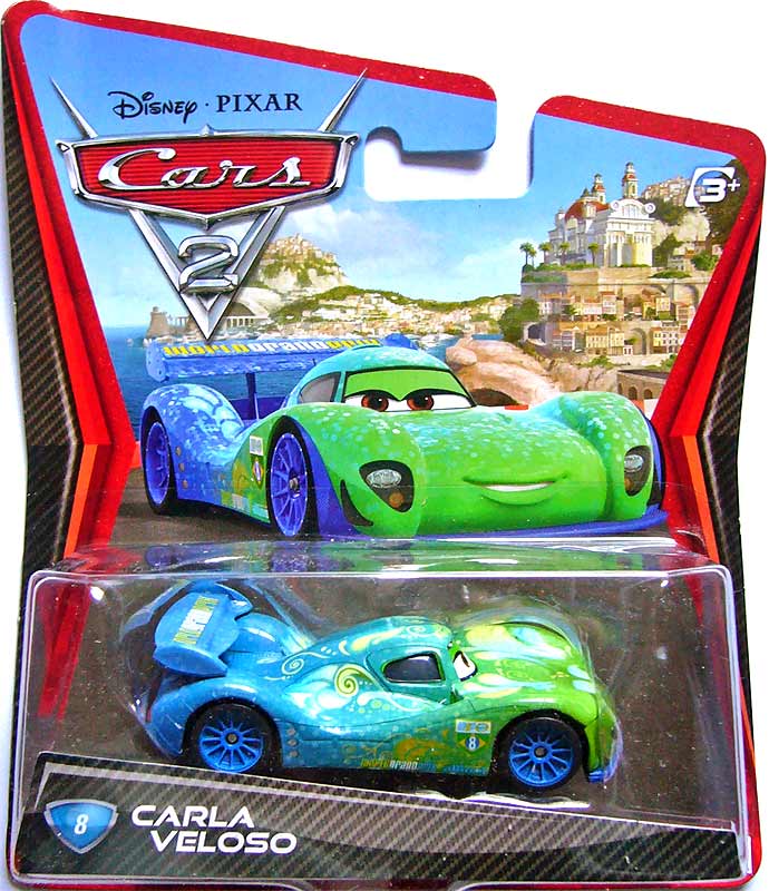 Carla Veloso from the Cars 2 series, Mattel 1:55 diecast on its card