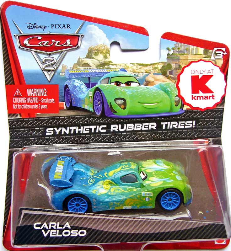 Carla Veloso (rubber tires) from the Cars 2 series, Mattel 1:55 diecast on its card
