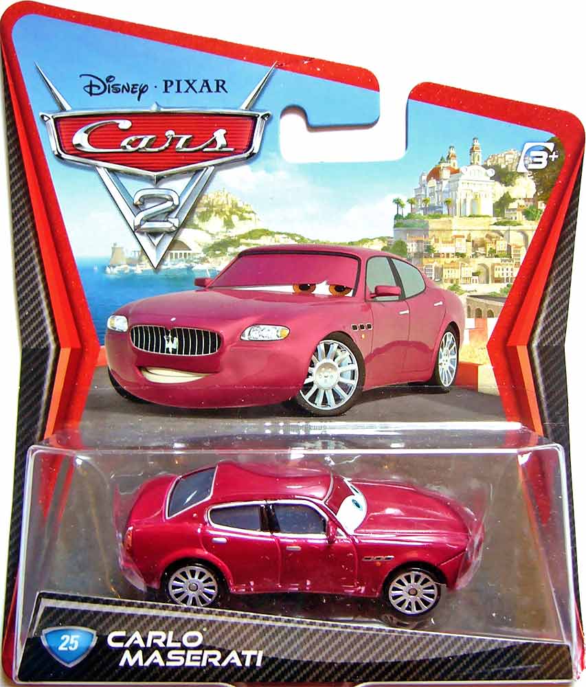Carlo Maserati from the Cars 2 series, Mattel 1:55 diecast on its card