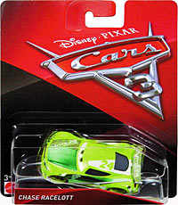 Chase Racelott from the Cars 3 series, Mattel 1:55 diecast on its card