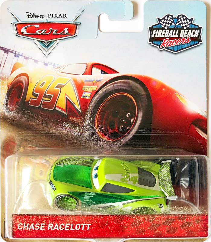 Chase Racelott (Fireball Beach Racer) from the Cars 2018-2019 series, Mattel 1:55 diecast on its card