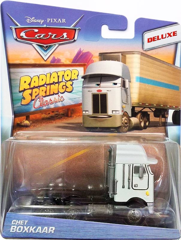 Chet Boxkaar Semi from the Radiator Springs Classic series, Mattel 1:55 diecast on its card