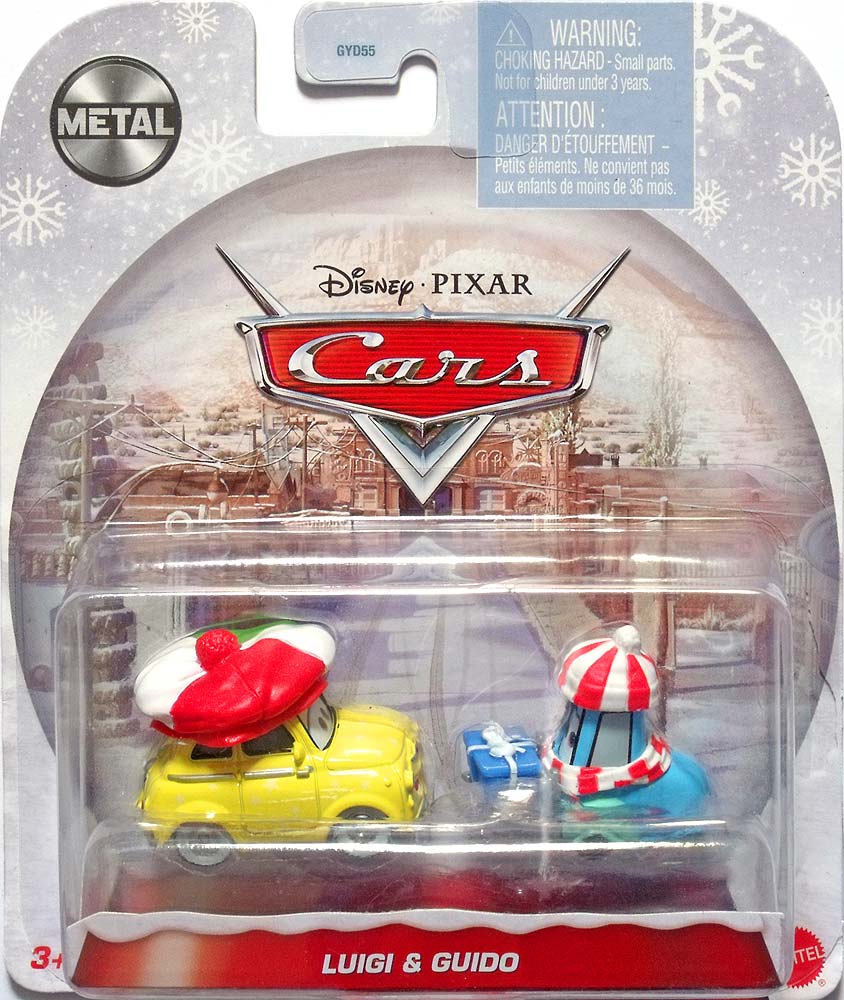 Christmas Guido (blue present) from the Cars 2021 series, Mattel 1:55 diecast on its card