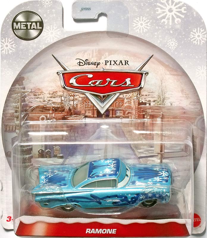 Christmas Ramone (blue version) from the Cars 2021 series, Mattel 1:55 diecast on its card