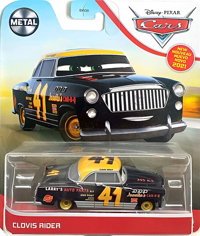 Clovis Rider from the Cars 2021 series, Mattel 1:55 diecast on its card