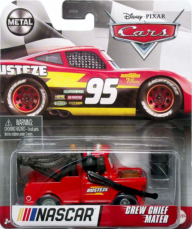Crew Chief Mater (Nascar) from the Cars 2021 series, Mattel 1:55 diecast on its card
