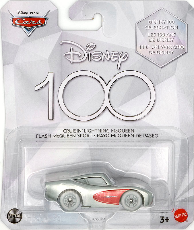 Cruisin' Lightning McQueen (Disney 100) from the Cars 2023 series, Mattel 1:55 diecast on its card