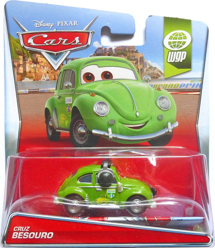 Cruz Besouro (Carla Veloso Crew Chief) from the Cars 2 series, Mattel 1:55 diecast on its card
