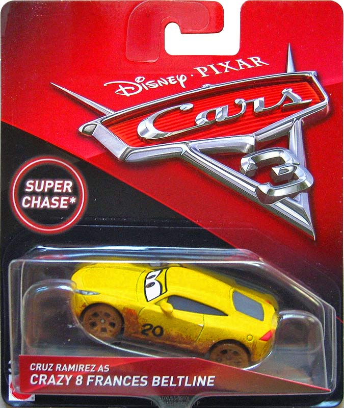 Cruz Ramirez as Crazy 8 Frances Beltline from the Cars 3 series, Mattel 1:55 diecast on its card