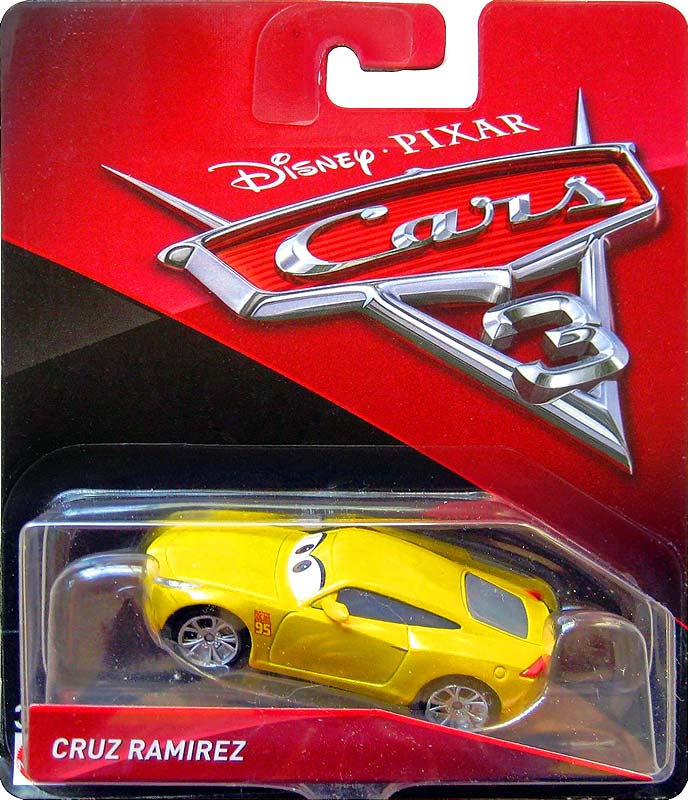Cruz Ramirez from the Cars 3 series, Mattel 1:55 diecast on its card