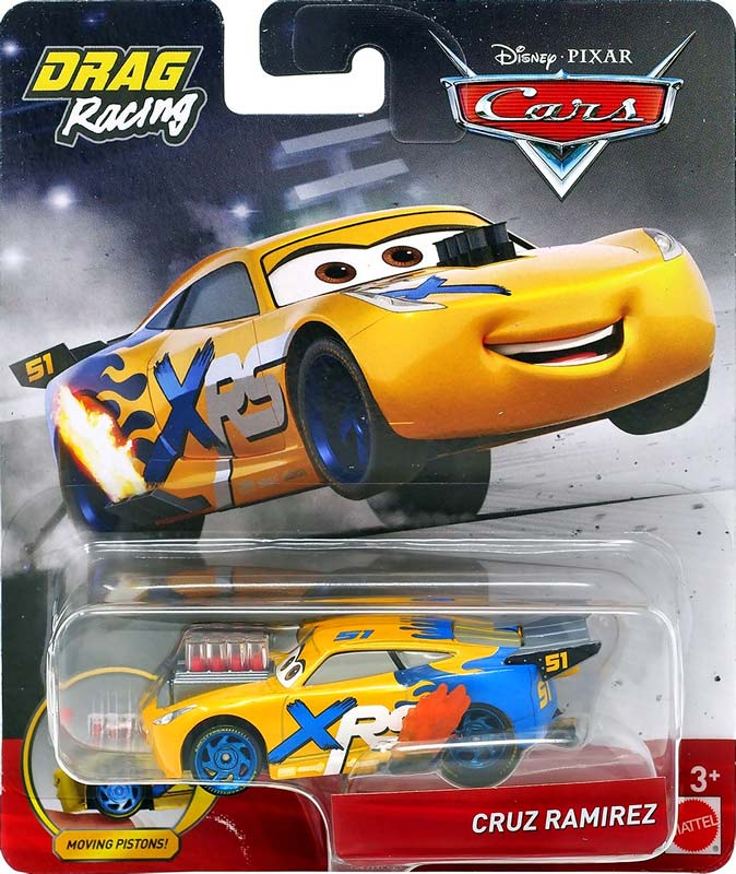 Cruz Ramirez (Drag Racing) from the Cars 2018-2019 series, Mattel 1:55 diecast on its card