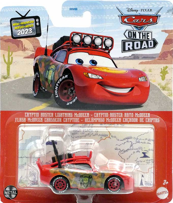 Cryptid Buster Lightning McQueen from the Cars on the Road series, Mattel 1:55 diecast on its card