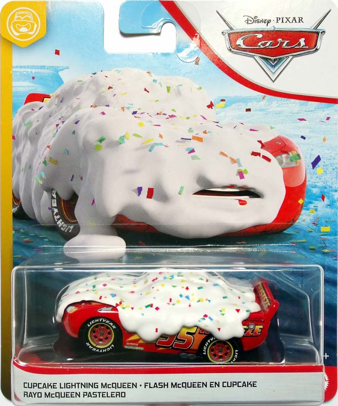 Cupcake Lightning McQueen from the Blue Desert series, Mattel 1:55 diecast on its card
