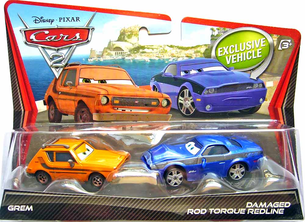 Damaged Rod Torque Redline from the Cars 2 series, Mattel 1:55 diecast on its card