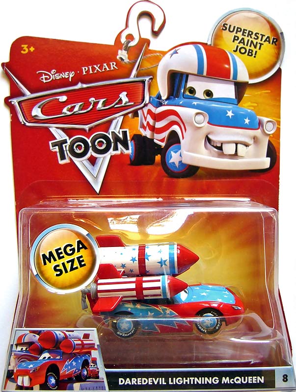 Daredevil Lightning McQueen from the Cars Toon series, Mattel 1:55 diecast on its card