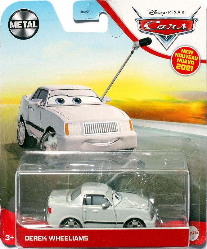Derek Wheeliams from the Cars 2021 series, Mattel 1:55 diecast on its card