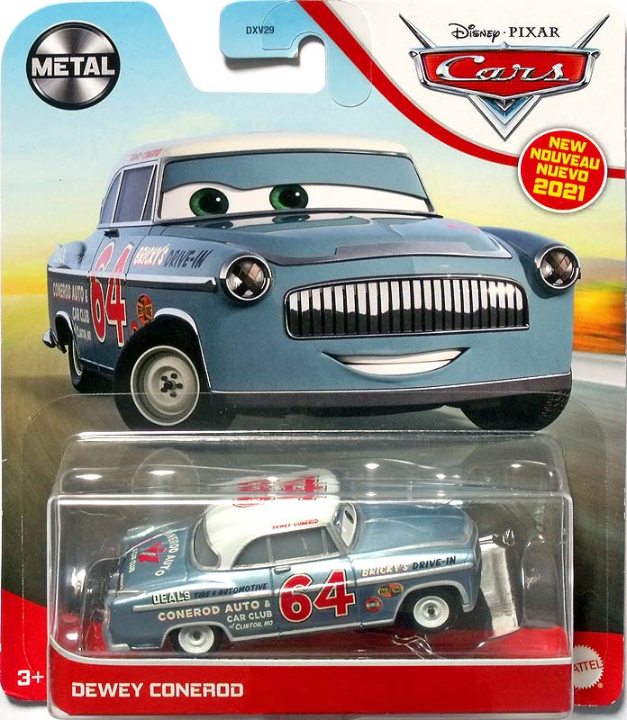 Dewey Conerod from the Cars 2021 series, Mattel 1:55 diecast on its card