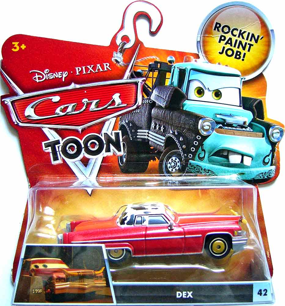 Dex from the Cars Toon series, Mattel 1:55 diecast on its card