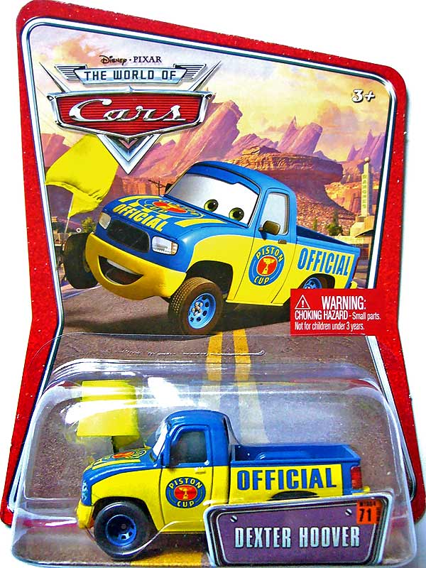 Dexter Hoover (yellow flag) from the World of Cars series, Mattel 1:55 diecast on its card