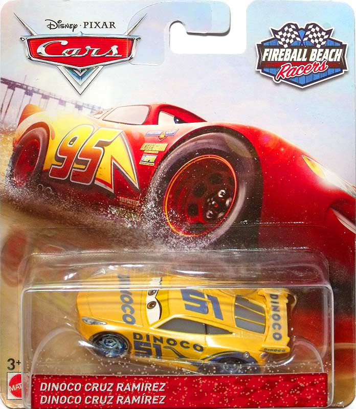 Dinoco Cruz Ramirez (Fireball Beach Racer) from the Cars 2018-2019 series, Mattel 1:55 diecast on its card