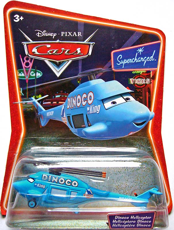 Dinoco Helicopter from the Supercharged series, Mattel 1:55 diecast on its card