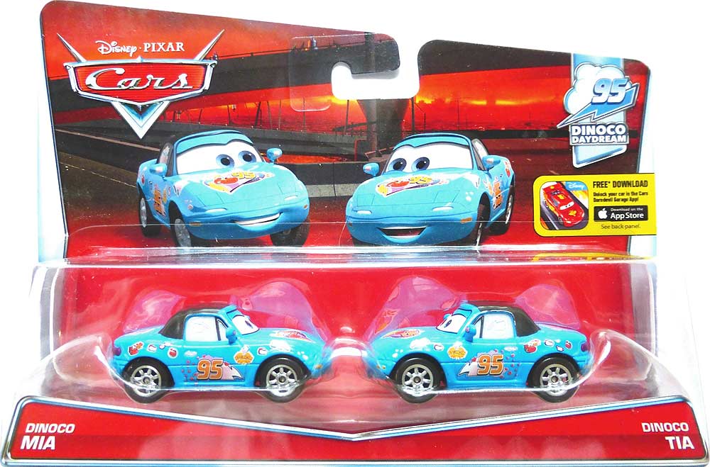 Dinoco Tia from the World of Cars series, Mattel 1:55 diecast on its card