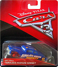 Dirt Track Fabulous Hudson Hornet from the Cars 3 series, Mattel 1:55 diecast on its card