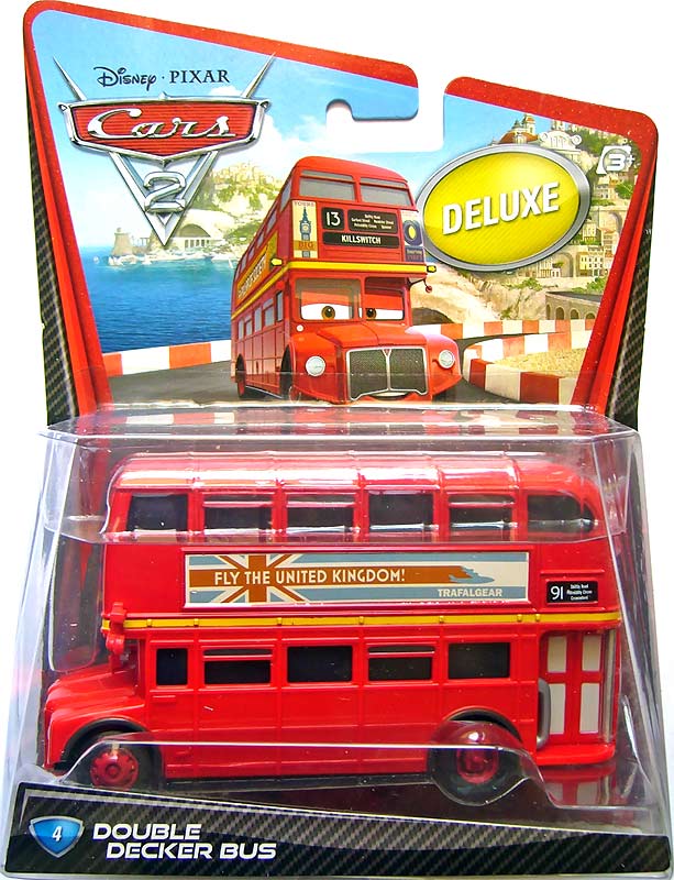 Double Decker Bus from the Cars 2 series, Mattel 1:55 diecast on its card