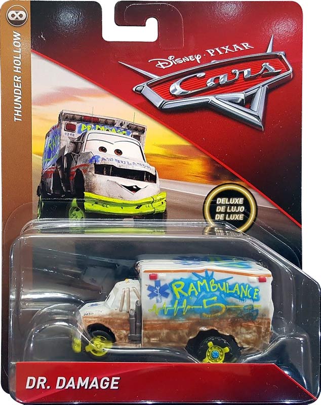 Dr Damage from the Cars 3 series, Mattel 1:55 diecast on its card