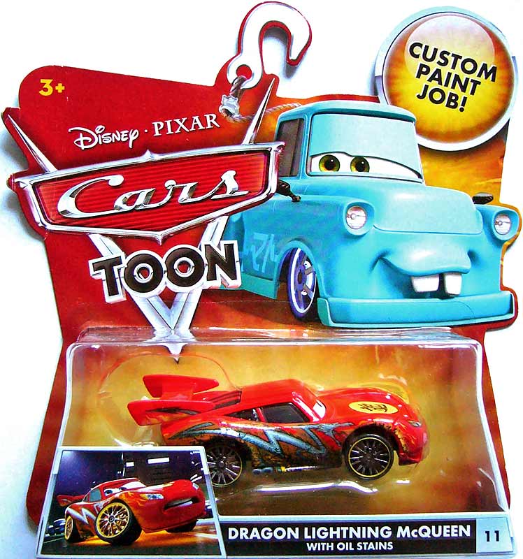 Dragon Lightning McQueen with Oil Stains from the Cars Toon series, Mattel 1:55 diecast on its card