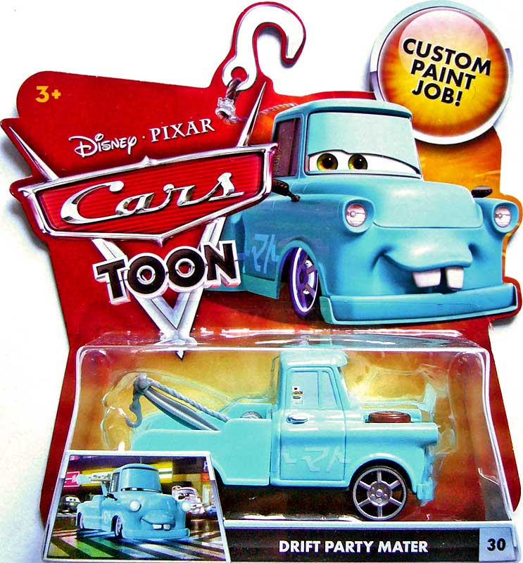 Drift Party Mater from the Cars Toon series, Mattel 1:55 diecast on its card