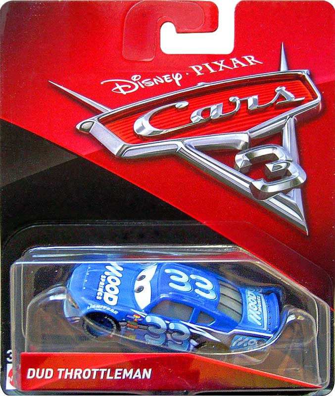 Dud Throttleman from the Cars 3 series, Mattel 1:55 diecast on its card
