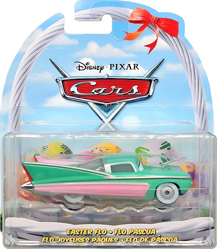 Easter Flo from the Cars 2024 series, Mattel 1:55 diecast on its card